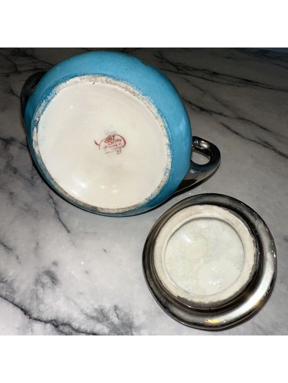 Brauer Hand Painted Lidded Sugar Bowl vintage Silver Chrome Gold Blue Art Deco